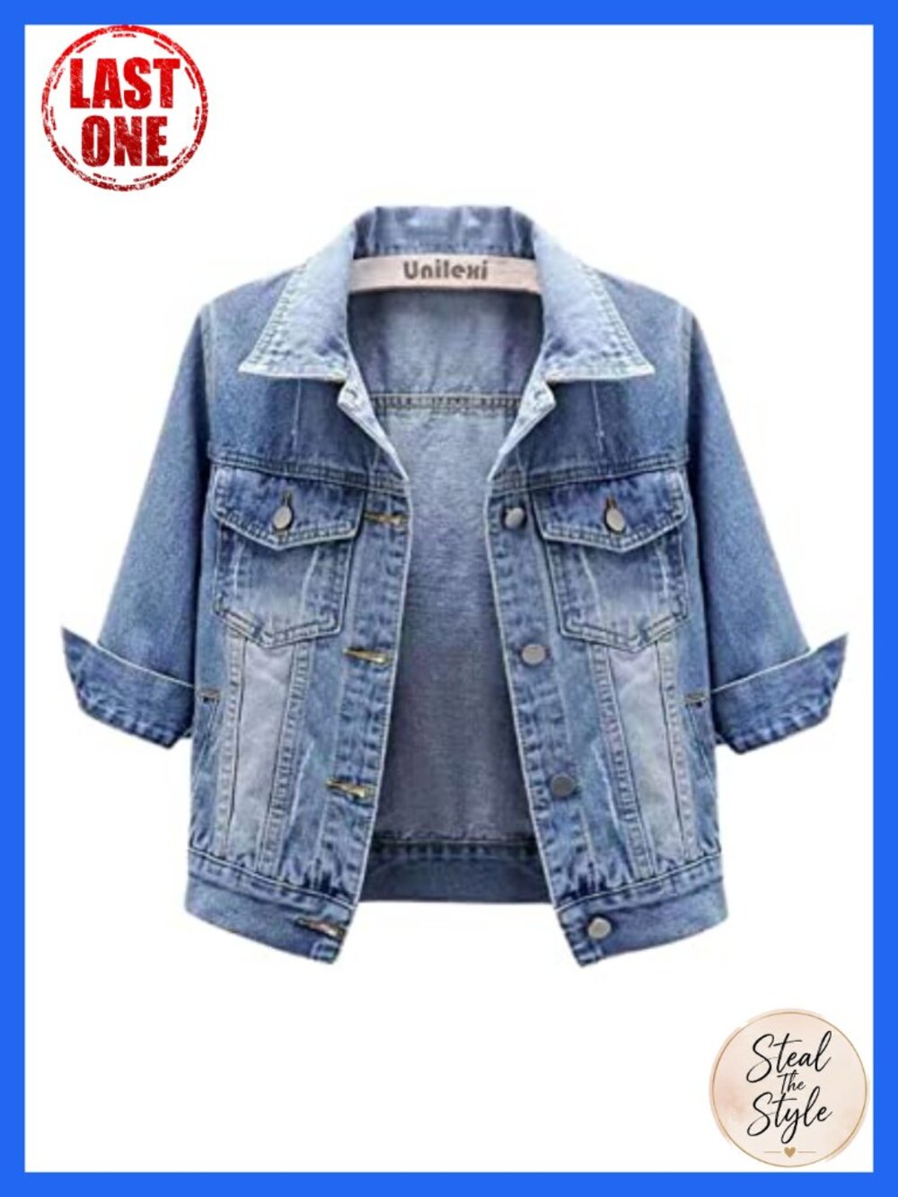 Women's Cropped Denim Jacket 3/4 Sleeve Button Trucker Jean Coat